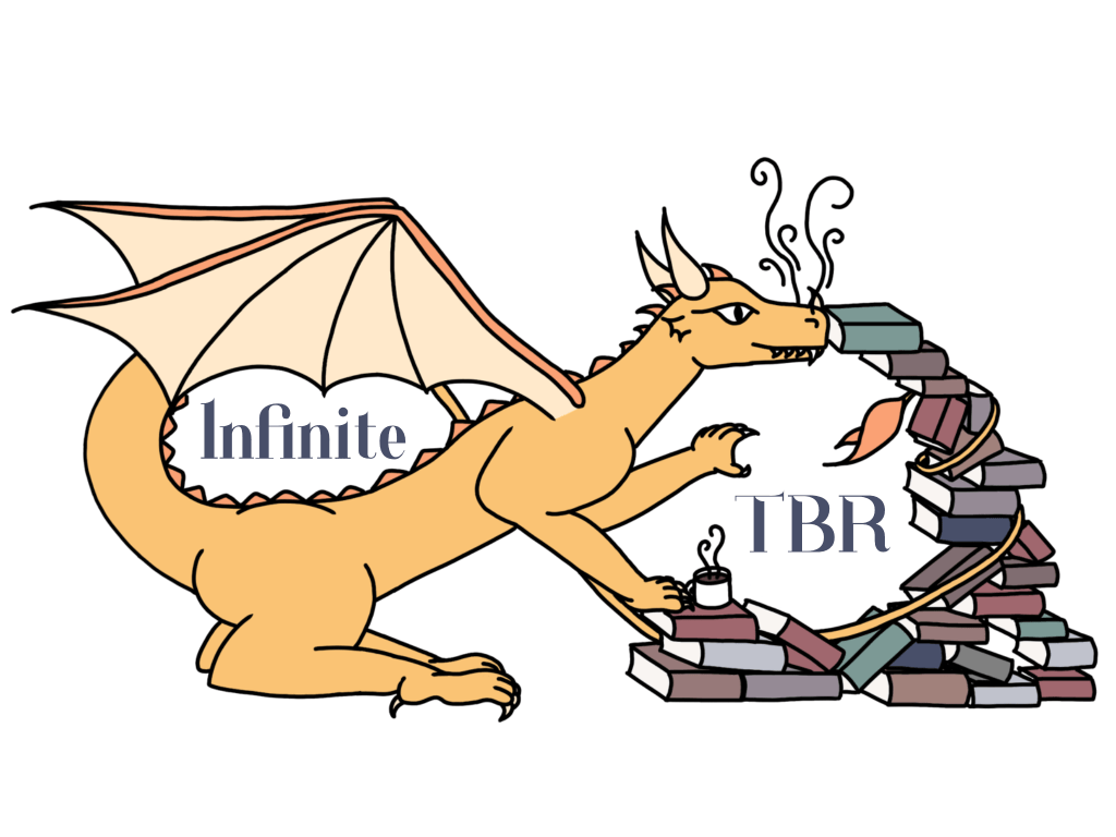 A yellow dragon posed beside a pile of books; together, they create an infinity sign. (like a sideways eight.)